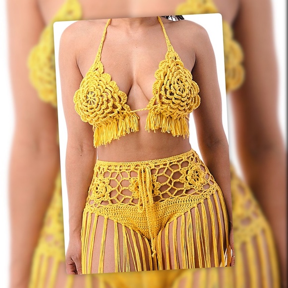 See You In Mexico Marogold Yellow Crochet Fringe Sunsuit Swim CoverUp - Picture 2 of 7